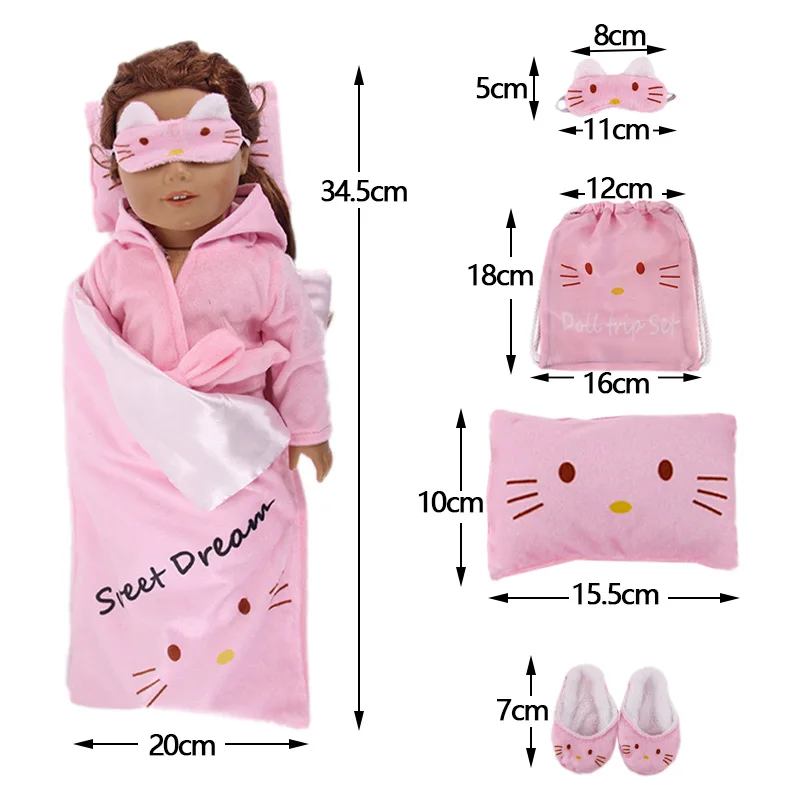 6Pcs Doll Sleeping Bag Bathrobes,Unicorn Jumpsuits,Sleeping Bag,Pillow,Mask,Slipper Fit 18Inch American&43CM Born Baby Girl Toys