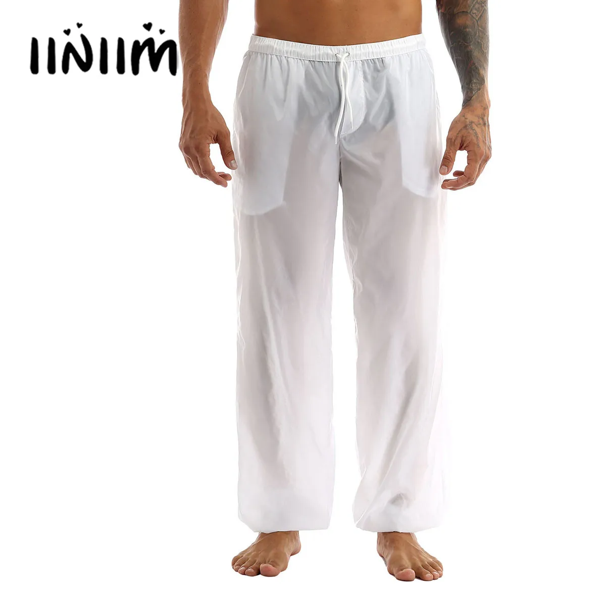 Mens Male Ultra-Thin Elastic Waist Drawstring Loose Fit Trousers Long Pants with Pockets Casual Summer Beachwear