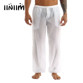 Calça masculina de cordão elástico ultrafino, calça comprida com bolsos para homens, roupa de praia casual de verão