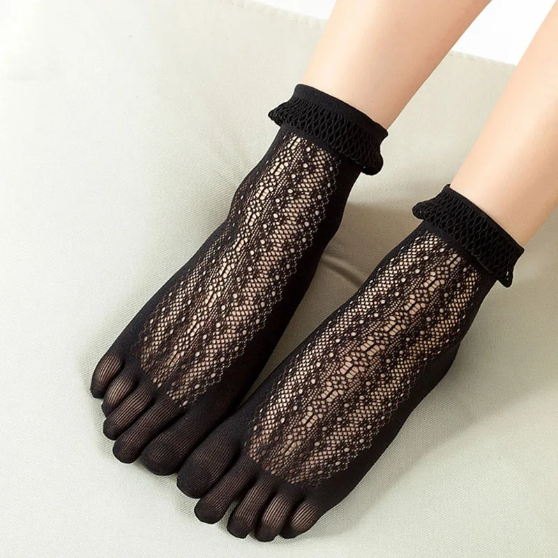 Womens Lace 5 Fingers Toe Socks Nylon Summer Thin Sexy Fishnet High Elastic Harajuku Happy Socks Solid Black White Sheer Socks