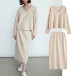 Jenny&Dave Skirts Women Sets England Fashion Simple Solid V-neck Loose Sweaters Women Pullovers Pockets High Waist Knitted Midi