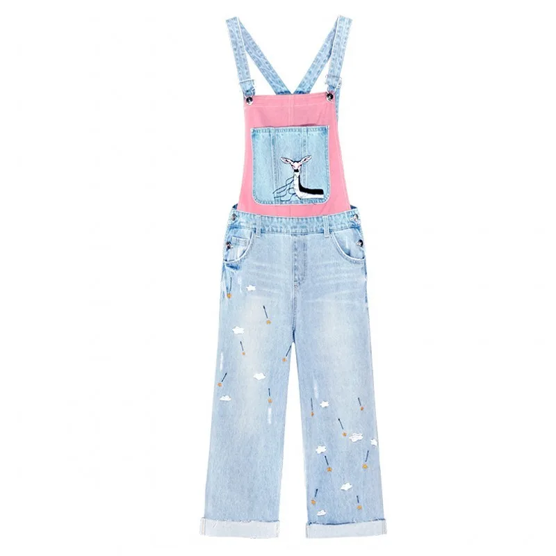 ฤดูร้อน Preppy สไตล์ชุดกระโปรงสตรี DENIM Jumpsuits เย็บปักถักร้อยข้อเท้าความยาวกางเกงหลวม PLUS ขนาด Streetwear