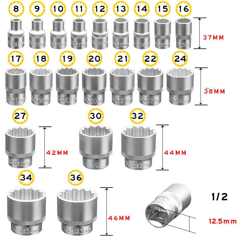 Juego de 21 piezas de juego de enchufes de flor de ciruelo de 12 puntos, cabezal de enchufe de mosca grande de 1/2 pulgadas, especificación de 8-36mm, cabezal de enchufe de flor de ciruelo nuevo