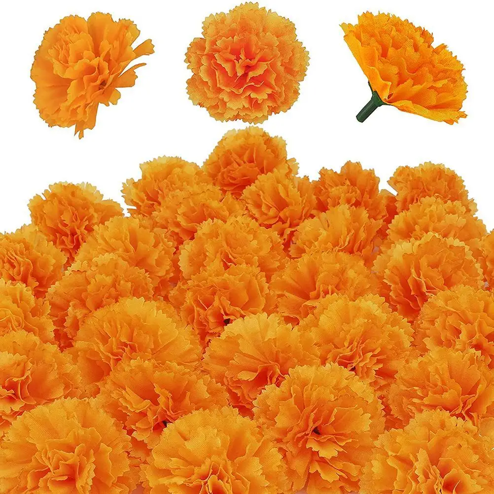 

30PCS Artificial Marigold Flowers Silk Cloth Marigolds Set Orange Carnation Flowers Decors For Indian Festival Backdrop Party