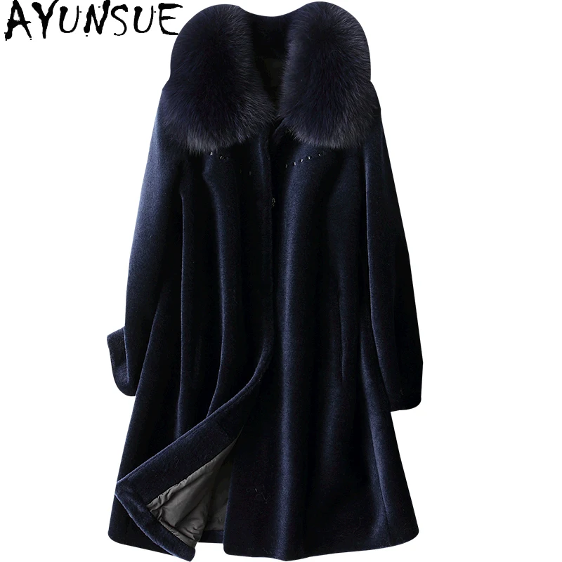 

AYUNSUE 2021 Real Fox Fur Coat Female Winter 100% Sheep Shearling Coats Women Warm Elegant Wool Jackets Casaco Feminino Gxy207