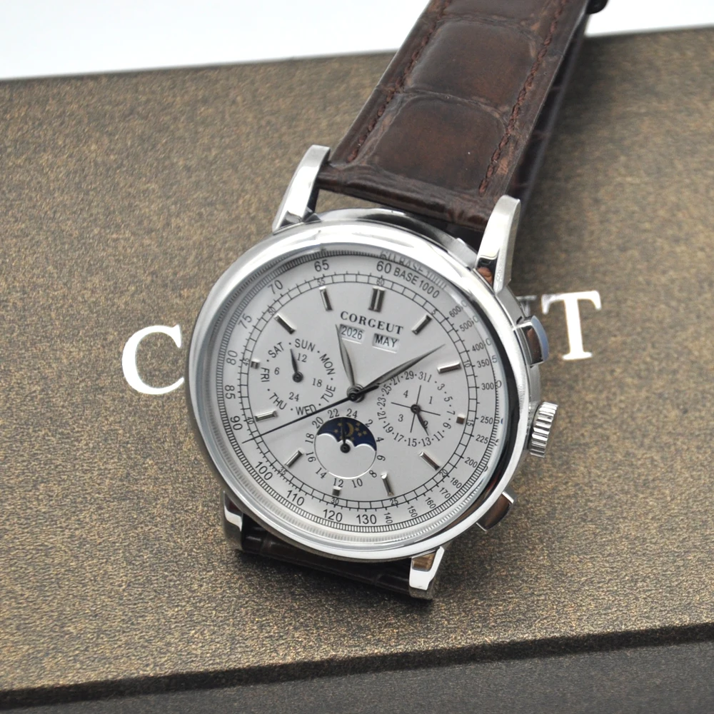 Corgeut 42mm Top Brand Moon Phase Mechanical Wristwatches White Dial Silver Year Day Month Week 316L SS Case Automatic watch men