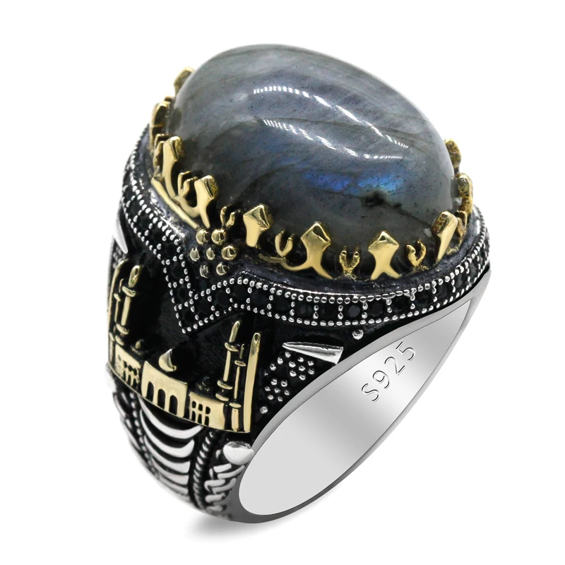 

Classic 925 Silver Men's Ring With Natural Labradorite Castle Turkey Constantinople Auspicious Punk Retro Men's Engagement Ring