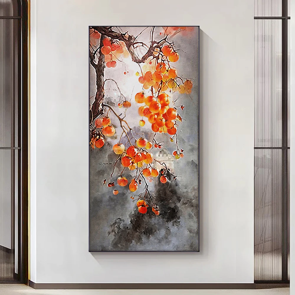 Chinese Watercolor Landscape Painting Persimmon Tree in The Mountain Canvas Prints Modern Wall Art Picture for Interior Decor