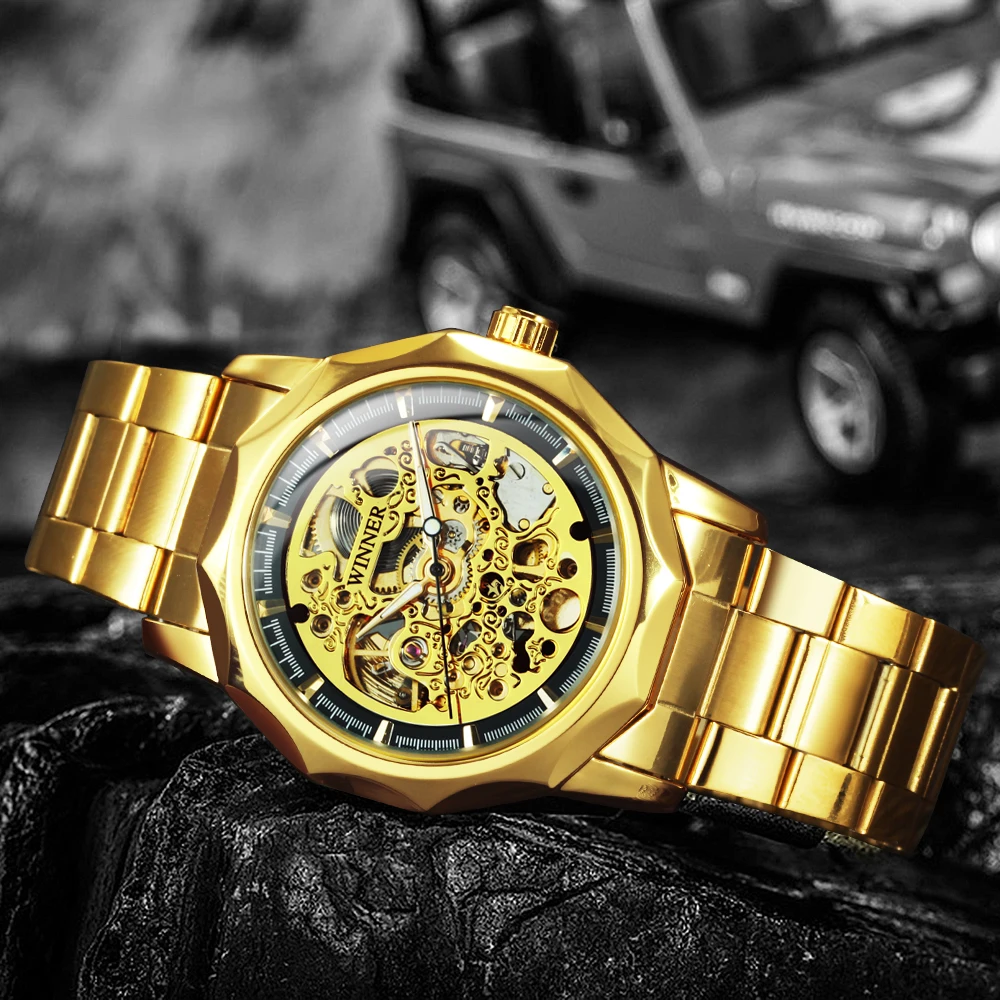 WINNER Luxury Gold Skeleton Automatic Watch for Men Luminous Pointers Royal Irregular Mechanical Watches Stainless Steel Strap