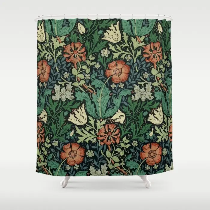 

William Morris Compton Floral Art Nouveau Pattern Shower Curtain Waterproof Flower Print Curtains for Bathroom Shower With Hook