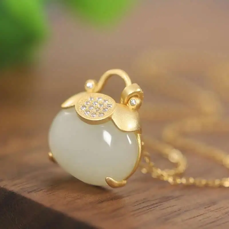 

Pure S925 Silver Pendant Women White Jadeite Lock Necklace Pendant Crystal Necklace Pendant