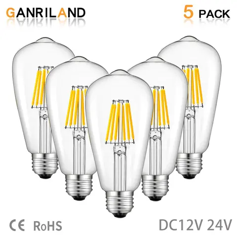 GANRILAND ST58 Vintage Low Volts Light Bulb 6W E27 DC12V 24V Clear Glass 2700K 4500K Daylight Retro RV Boat Cabin Led Lamp Bulb
