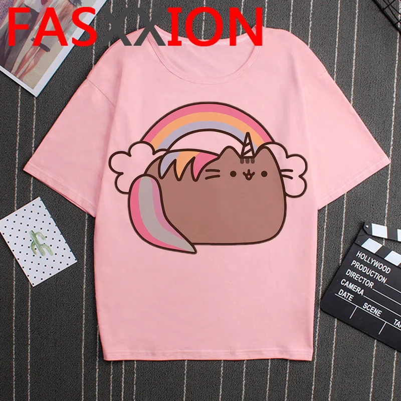 Kawaii Pusheen Cat T Shirt Women Cute Graphic Tees Funny Cat Shirt Ulzzang Korean Style T-shirt Streetwear Female