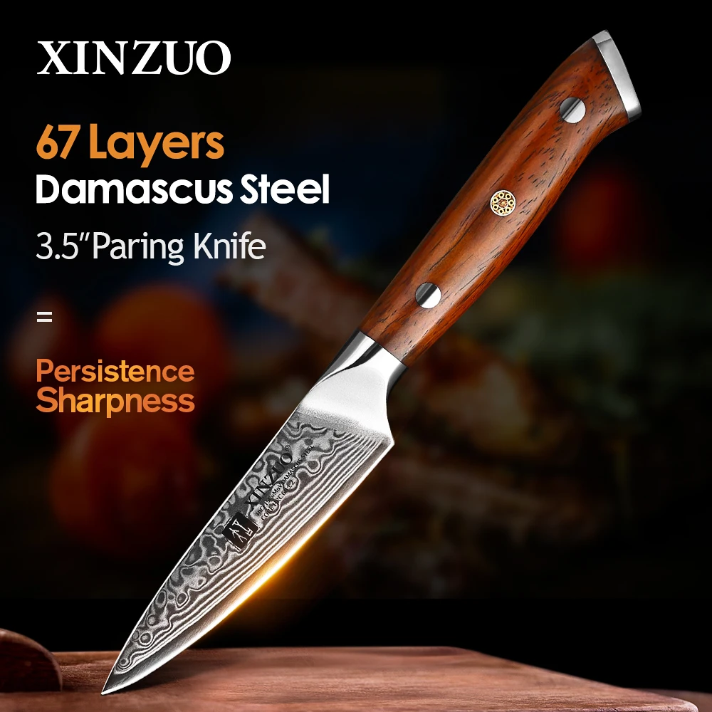 XINZUO Brand 3.5\'\' Inch Paring Kitchen Knife Handmade Damascus Steel Rosewood Handle Japanese Carved Peeling Knife Kitchen Tools