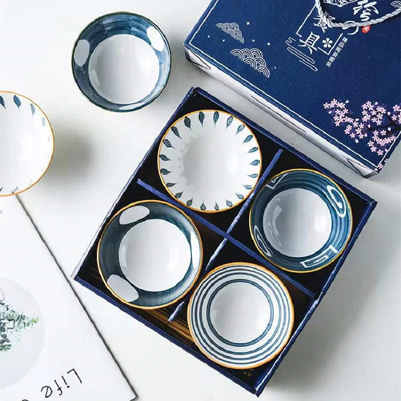 4Pcs/set Ceramic Tableware Lucky Cat Tableware Set Blue and White Porcelain Bowl Ceramic Bowl Gift Box Dinner Sets Bone China