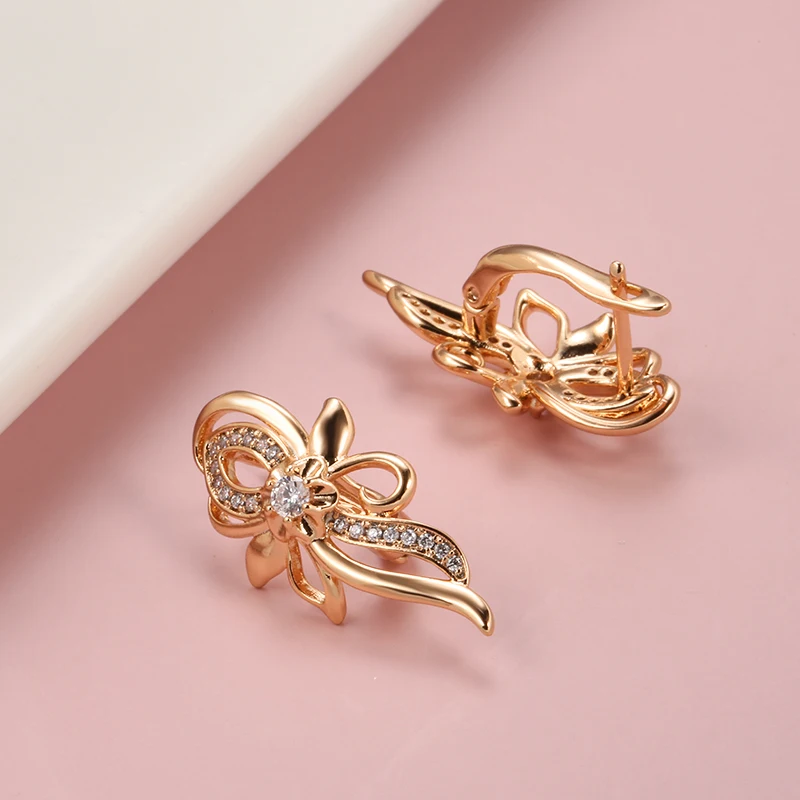 585 Rose Gold Clip Earrings Natural Cubic Zircon Hearts and Arrows Cut Hanging Ear Handmade Flower Party Jewelry Drop Earrings