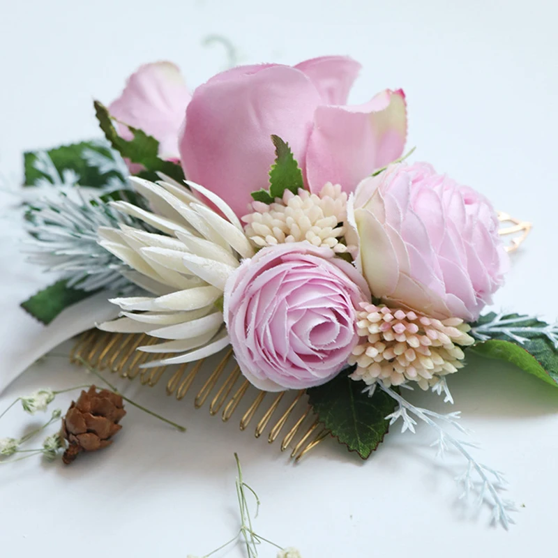 Pente de cabelo para madrinhas, acessórios de casamento placa plugue de cabelo pente artesanal de pano simulação de flor cabeça de cabelo pente de praia palha chapéu decoração