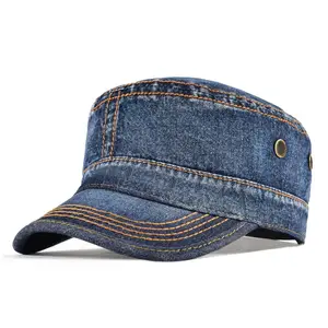 Vintage Denim Military Cap with Embroidery Flat Top Army Style high quality Multi-Panels