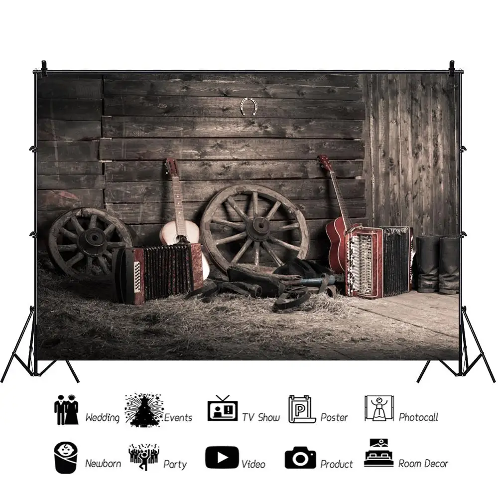 Laeacco قديم الظلام مستودع خشبية عجلة الغيتار الطفل حفلة الداخلية صور خلفيات خلفيات للتصوير الفوتوغرافي ل استوديو الصور