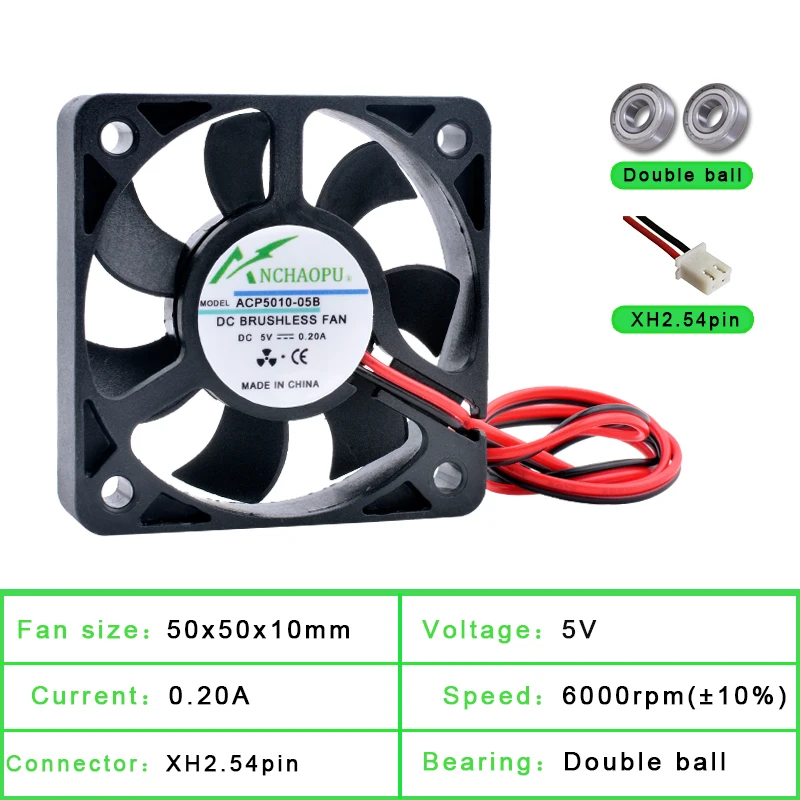 ACP5010 5cm 50mm 팬 50x50x10mm DC5V 12V 24V 2 핀 냉각 팬, 마이크로 섀시 라우터 인버터 전원 공급 장치 충전기에 적합