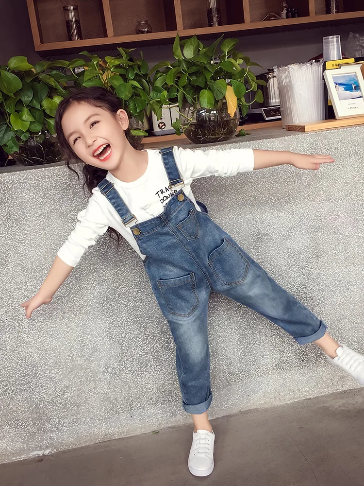 Girls Denim Suspender Pants New Kids Casual Overalls Trousers Clothes Korean Style Children's Cotton Washed Denim Strappy Pants