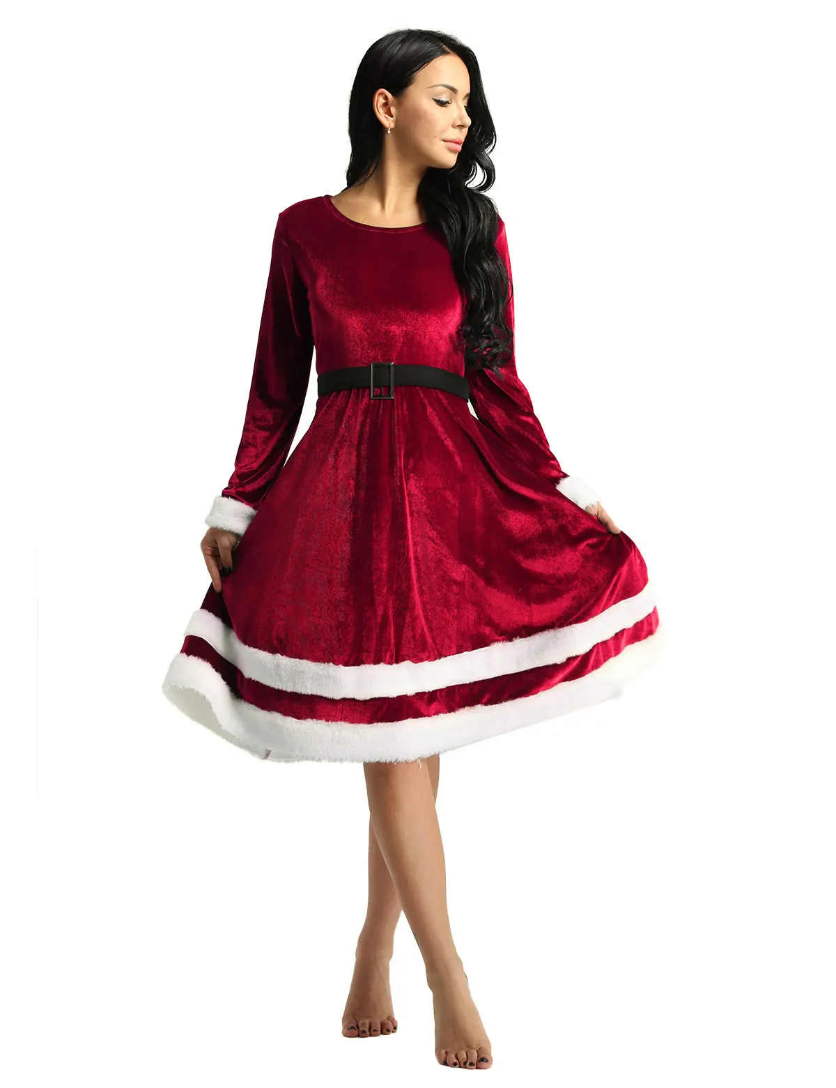 Mulheres Natal Senhora Papai Noel Traje, Festa de Natal Fantasia, Vestido Extravagante, Manga Comprida, Pescoço Decote, Vestidos de Ano Novo, senhoras