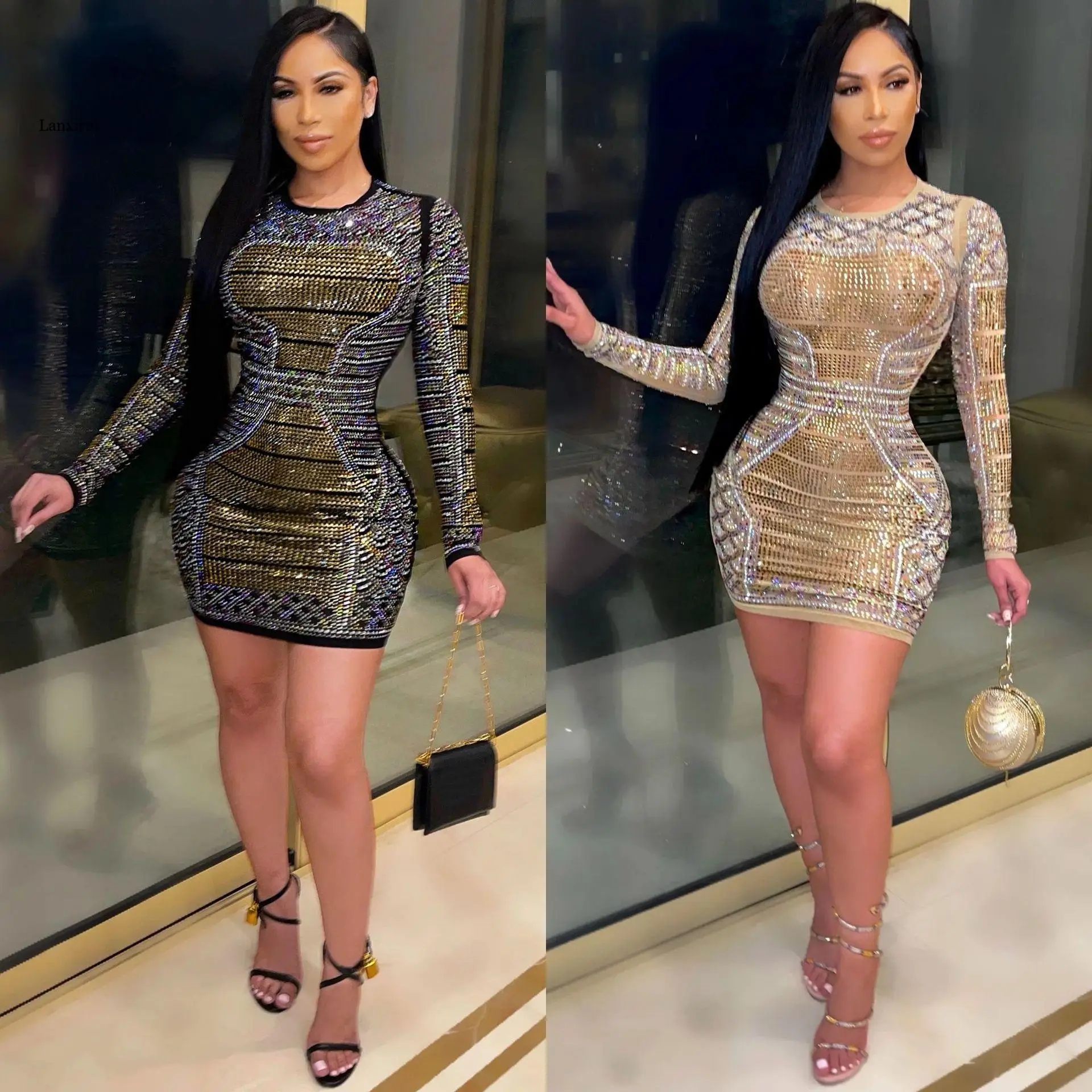 

Sumer High Quality New Design Dress Solid Diamond O-neck Long Sleeve Summer Sexy Celebrity Party Mini Dress Vestidos