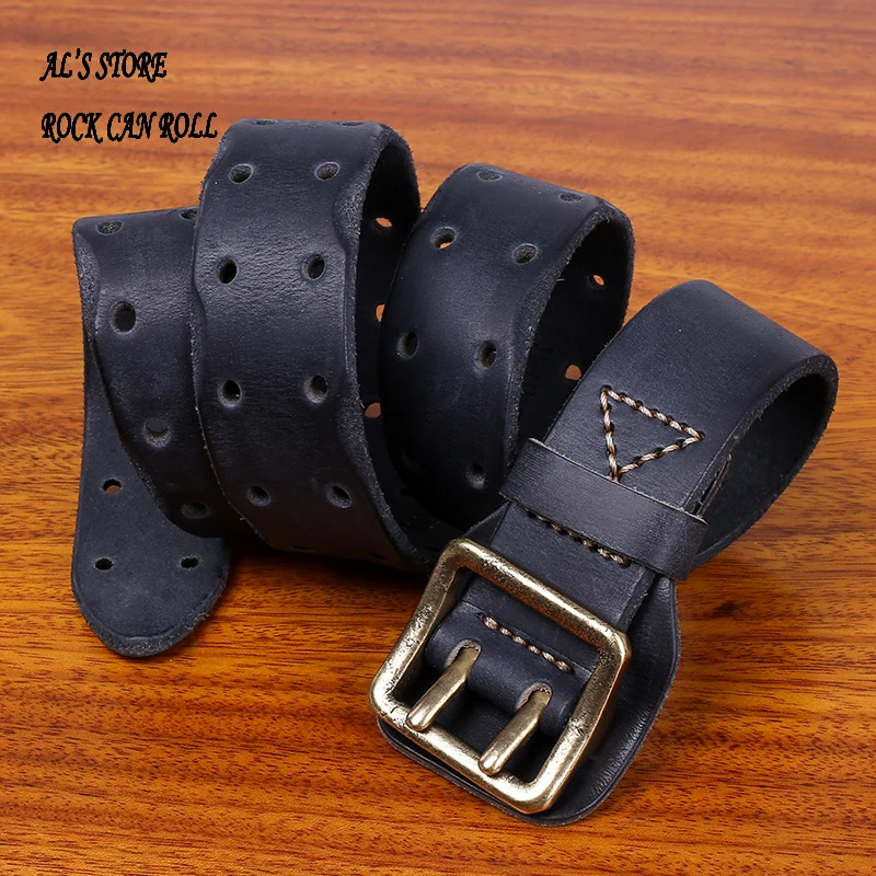 YN1088 Men Top Layer Cowhide Leather Double Needle Pure Copper Buckle Retro Fashion Casual Trendy Jeans Thickening Belt