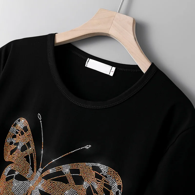 Summer Breathable New Fashion short-sleeve T-shirts female personality Butterflies Hot diamonds Pattern Loose Casual women tops