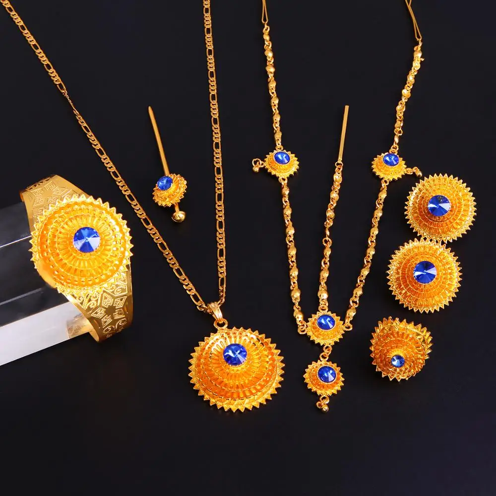 Ethiopian Gold Color Hair Piece Pendant Necklace Earings Ring Hair Pin Bracelet Eritrea Africa Women Wedding Jewelry Set