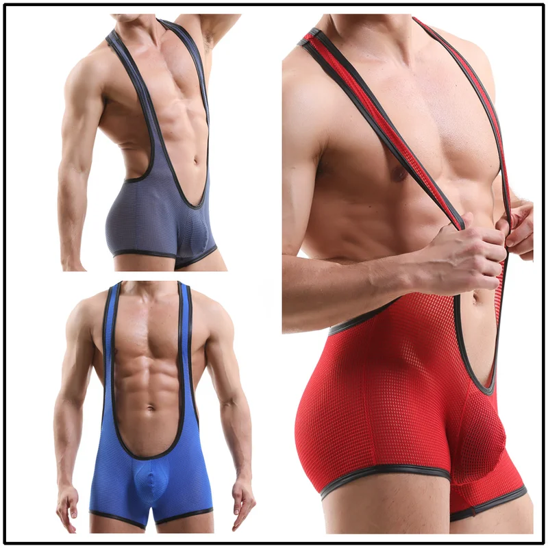 Mens Undershirts Mesh Stretchy Onesies Wrestling Singlet Bodysuit Leotard Lingerie Jumpsuit Underwear Boxer Shorts Nightwear