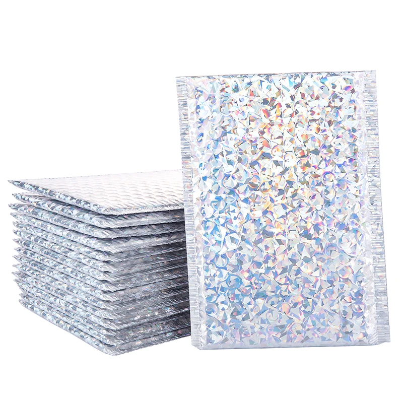 50Pcs/Lot Bubble Mailer Holographic Shipping Bags Laser Silver Padded Envelopes Waterproof Envelope Packaging For Business