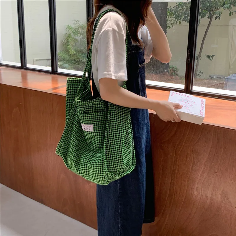 Women Woolen Canvas Bags Houndstooth Pattern Reversible Design Female Big Tote Handbag Casual Shoulder Shopping Bag For Ladies