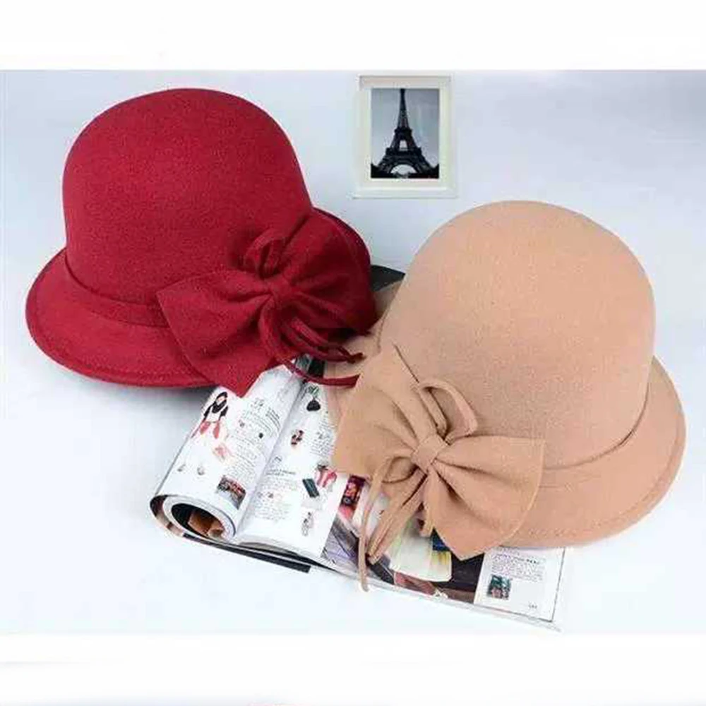 2019 New Elegant Flower Women Round Bowler Cap Imitation Wool Bowknot Fedoras Bucket Hat Vintage Brim Chapeu Feminino Gorra