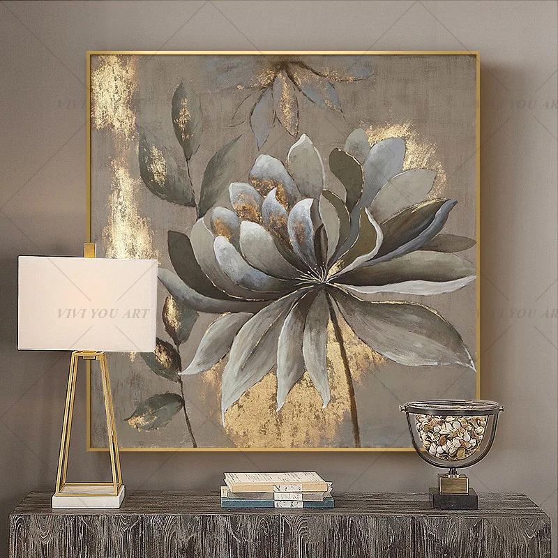 Handmade Muted Flower Gold Leaf Canvas Art, Hand Painted Vintage Botanical Oil Painting, Wabi Sabi Bedroom Decor