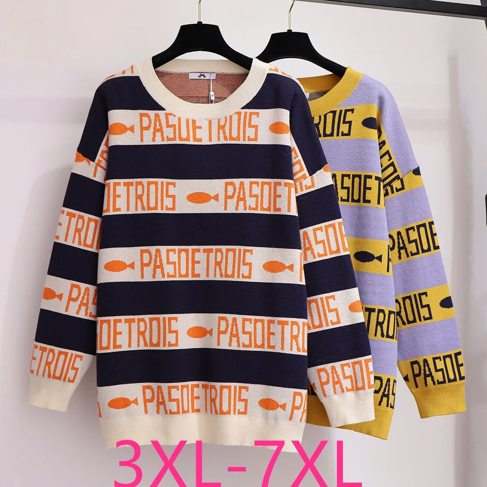 

New 2021 Autumn Winter Plus Size Women Clothing Knit Tops Large Pullover Loose Long Sleeve Stripe Sweater 3XL 4XL 5XL 6XL 7XL