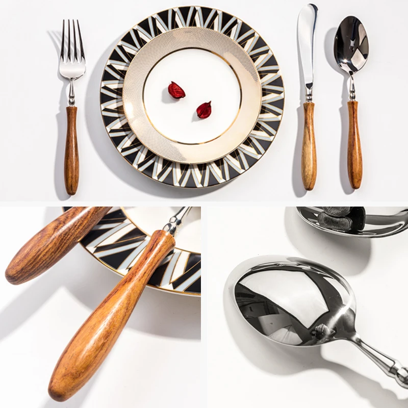 Stainless Steel Dinnerware Set with Wooden Handle Western Tableware Set Steak Table Knife Fork Spoon Dessert Fork Cutlery Sets