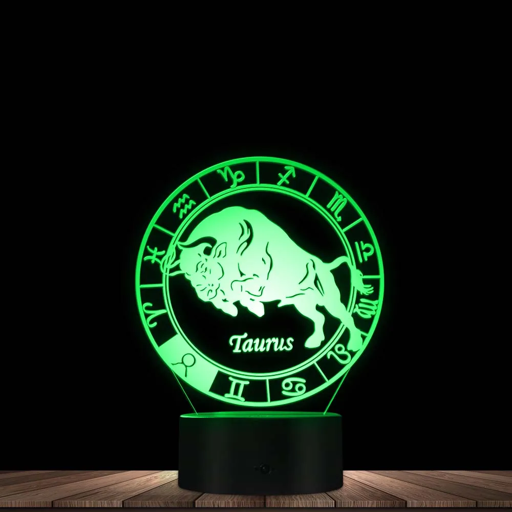 Taurus Novelty Night Light Zodiac LED Night Lamp Touch Control Engraved Gift 7 Color Change Horoscope Modern Design Home Decor