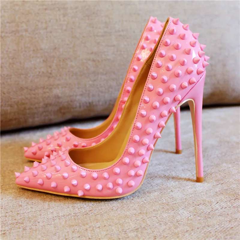 Pink Evening Dress Rivets Studs High Heel Shoes 12cm Stiletto Heels Metal Spike Pumps Women Patent leather Bride Wedding Shoes