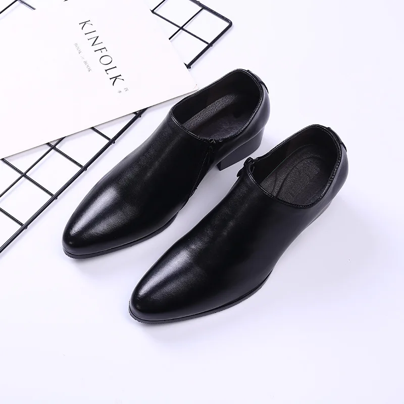 New 8CM Platform Leather Shoes Men Two-layer Cowhide Dress Shoes 2021 Fashion Pointed Toe Zipper Black Casual Business Man Shoe