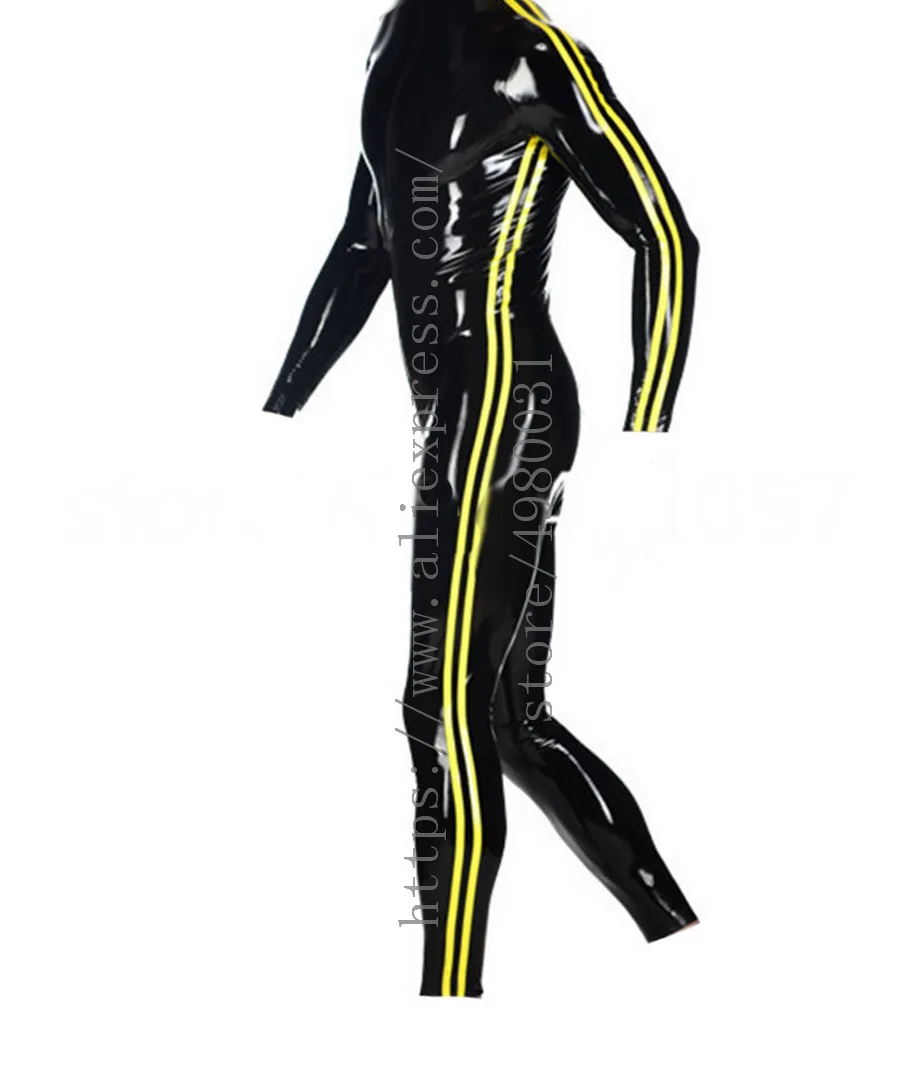 Custom Size Ondersteunt Cool Black Catsuit Mannen Latex Zentai Met Side Gele Strepen Decoraties En Bevestigd Rits Te ass