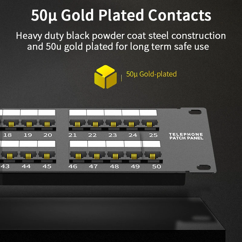 AMPCOM Telephone Voice 25/50 Ports Patch Panel, Cabinet Rack Mount - 1U/2U, 19 inch, RJ11/RJ45 Modular jack, 50u Gold Plated