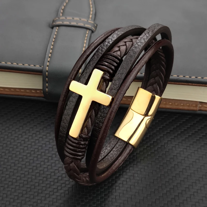 

Luxury Stainless Steel Cross Design Woven Men Bracelets Genuine Leather Plated Gold Magnet Clasp Fashion Bangle Wholesale