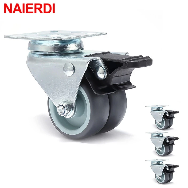 NAIERDI 4PCS 2 inch Trolley Casters Heavy Duty Swivel Soft Rubber Roller Wheels with Brake for Platform Furniture Wheels