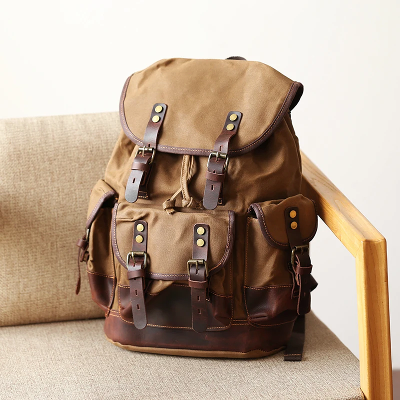 

American Retro Outdoor Backpack Large-capacity Waterproof Canvas and Leather Travel Mountaineering Bag Leisure