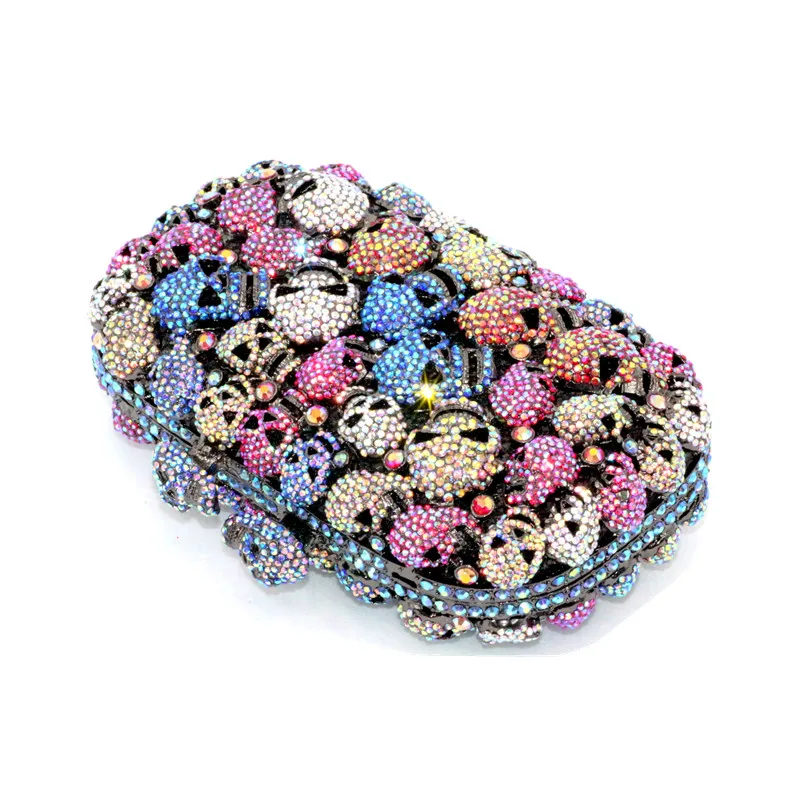 New Shape Blue Skeleton Colorfull Skull Diamond Flower Women Evening Bag Banquet Wallet Crystal Minaudiere Handbags and Barrel