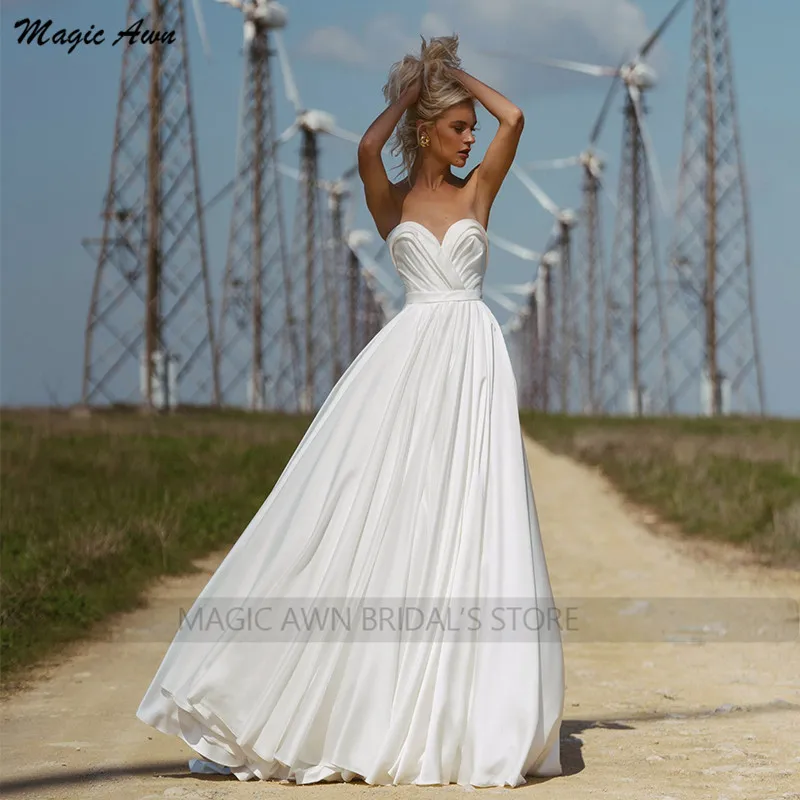 Magic Awn 2022 abiti da sposa da spiaggia piega a cuore Chiffon senza maniche Boho abiti da sposa bianchi A-Line semplice Vestido Novia