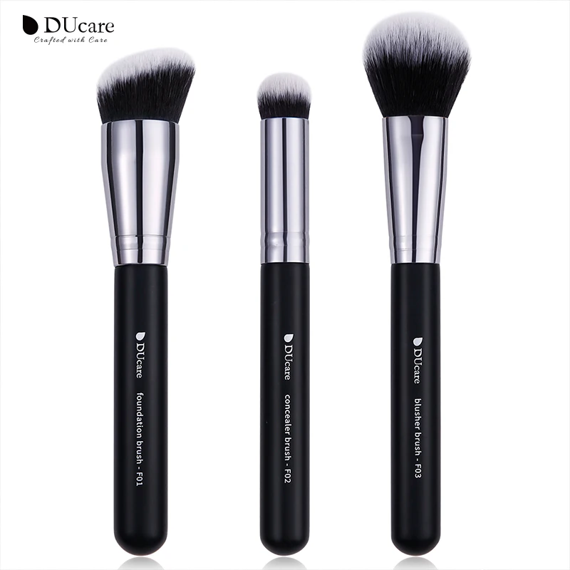 DUcare Black 3 Pcs Makeup Brush Set Professional Face Cosmetic Kit Powder Blush Foundation Synthetic Hair Beauty Makeup Brushes