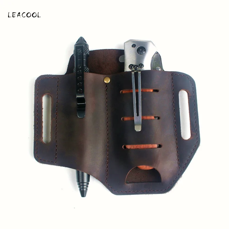 Genuine Leather Tool Knife Sheath Pockets Multitools Holder Essentials Organizer Belt Pouch Pocket Hunt Tactical Flashlight