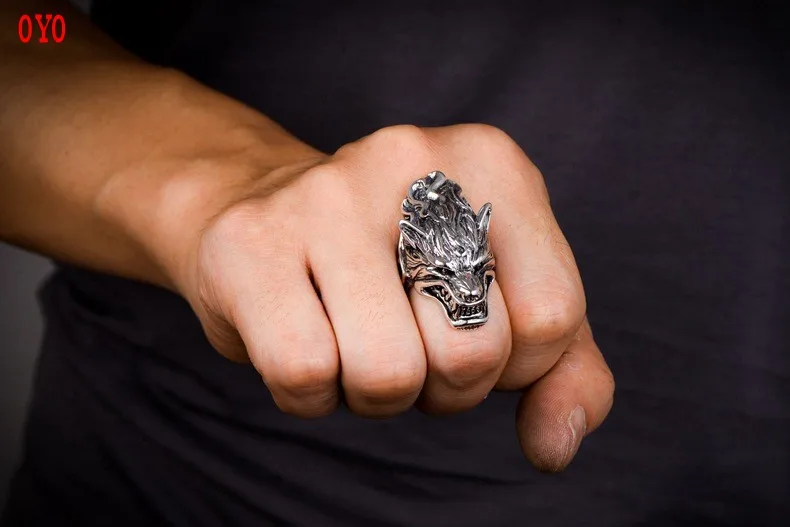 Real S925 solid sterling silver ring vintage Thai silver craft fashion three-dimensional wolf head man's silver ring